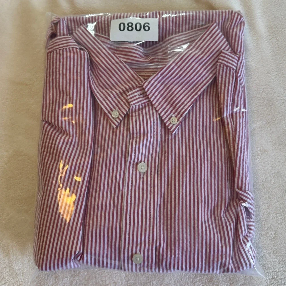 Polo Ralph Lauren Button Down Mens 2XLT Red Seersucker Stripe Short Sleeve Shirt